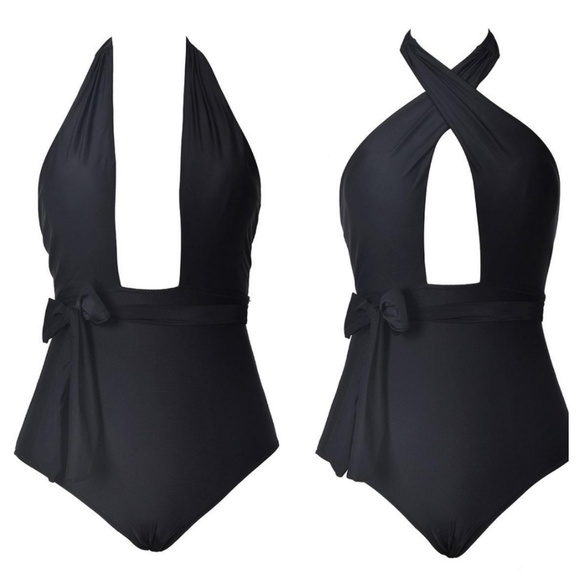 Black One Piece Plunge Swimsuit - Picture 2 of 7